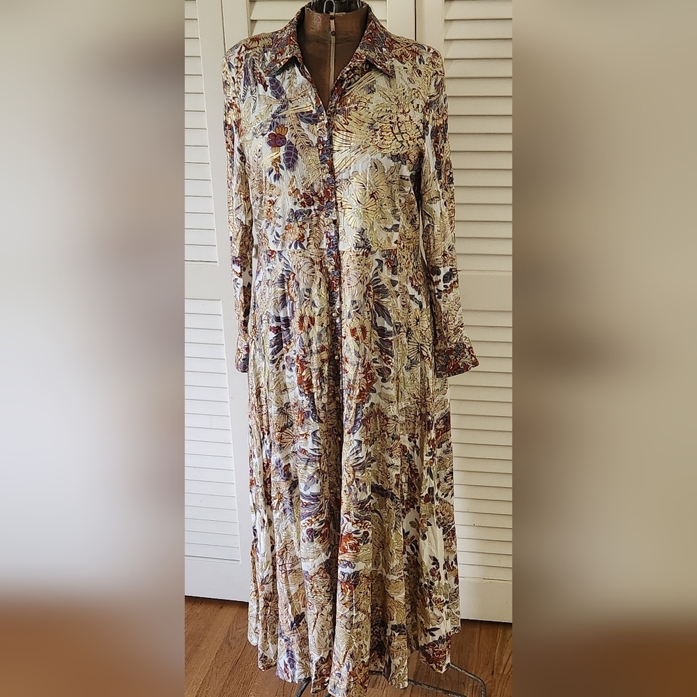 Soft Surroundings Floral Maxi Dress in Cream, Brown, Blue